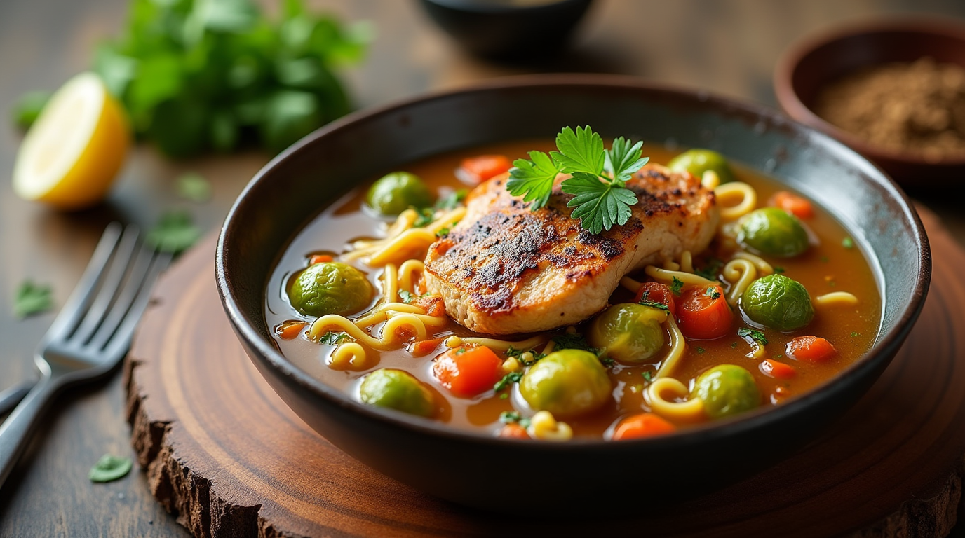 A hearty bowl of Brussels sprouts chicken noodle soup garnished with fresh parsley, showcasing vibrant vegetables and tender chicken in a rich golden broth