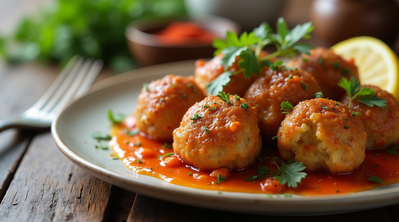 Golden crispy crab balls served with dipping sauce and lemon wedges on a white plate