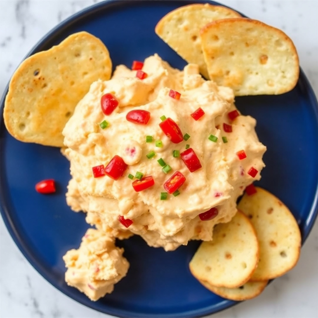 A plate of creamy pimento cheese garnished with chopped red peppers and green chives, served with crispy crackers on the side.